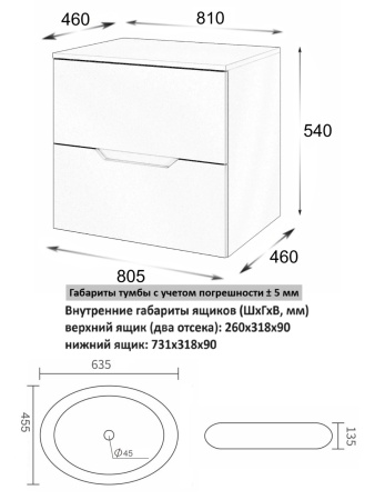 Тумба с раковиной подвесная 80 см, Orange Line Li-80TugMDF+B08-640W графит/белый